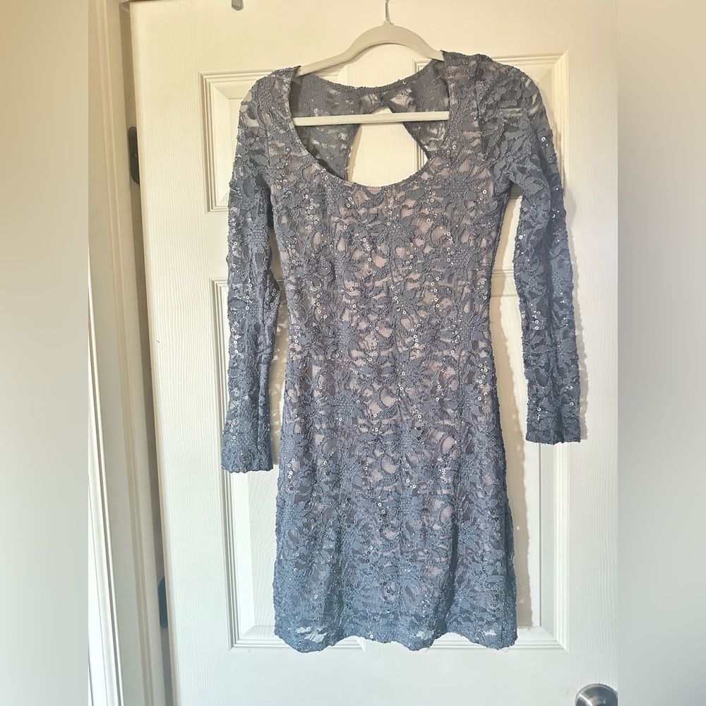Jump Elegant Gray Lace Long Sleeve Dress